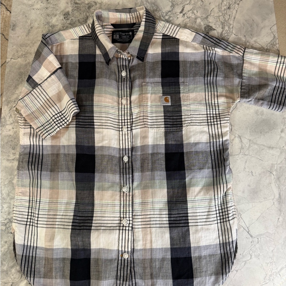 Carhartt Womens Short Sleeve Plaid LooseButton-Down Shirt Size M